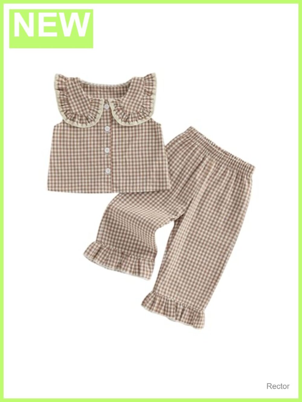 2pc Toddler Girls Ruffle Sleeve Button Up Dress Top Plaid Pants Set